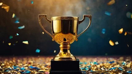 Golden Trophy with Confetti Falling on a Dark Background
