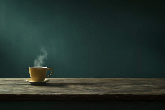 A yellow coffee cup sits on a wooden table