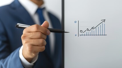 A businessman pointing at a growth chart on a whiteboard, symbolizing progress and success in analytics and strategy.
