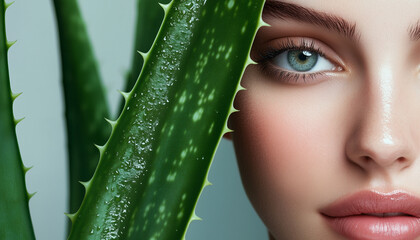 A girl with moisturized skin against the background of aloe Vera leaves, woman advertises cosmetic products , organic plant soothes, regenerates and rejuvenates the skin, care for youth every day