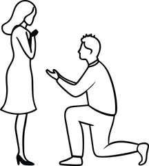 A man kneeling proposing to a womanline art illustration