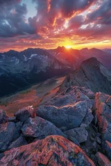 Tableau sur toile Coucher de soleil Golden sunset over mountains, colorful sky, rugged peaks, tranquil and serene, wideangle view, breathtaking scene  © Karn AS Images