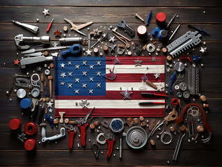 Attractive Tools hardhat toolbelt and us flag on wooden background labor day banner mockup