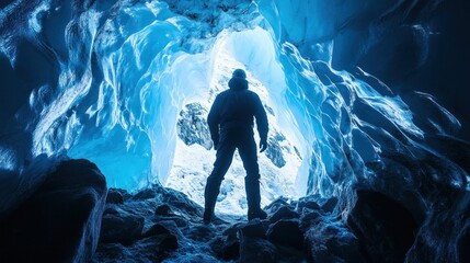 Fototapeta premium A lone figure stands in an ice cave, looking towards the light.