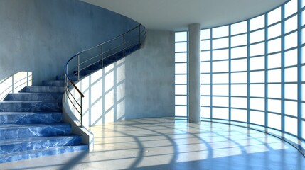 Fototapeta premium an avant-garde interior design with curved staircases and circular windows, blending ecology and futuristic aesthetics seamlessly.