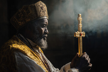 A man wearing a yellow robe holding a gold cross