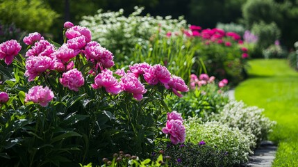 Obraz premium Pink Peony Flowers in a Lush Garden