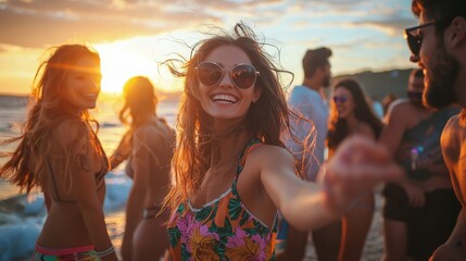 Friends dancing and having fun at a beach party during sunset, with a woman in sunglasses smiling joyfully at the camera.