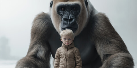 Fotoporträt eines kleinen Jungen mit einem riesigen Gorilla