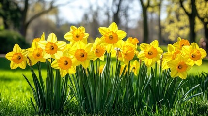 Obraz premium A Bright Spot of Yellow Daffodils in a Spring Garden