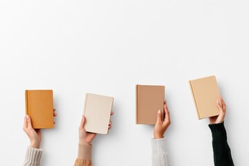 Fototapeta premium Four hands holding books in different colors against a white background.