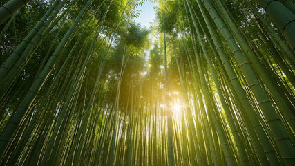 A forest of bamboo trees with the sun shining through the leaves 