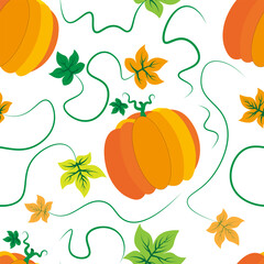 Beautiful seamless background with pumpkins and a vine with leaves
