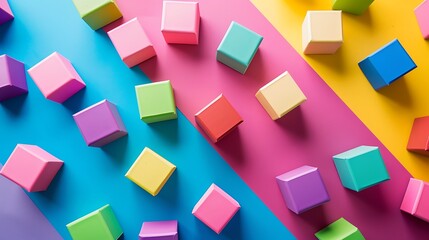 Colorful puzzle cubes geometric figures table game multicolored isolated on colorful background