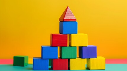 Fototapeta premium colorful pyramid constructor toy blocks for children play isolated on colorful background