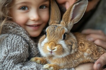 A child joyfully cuddles a fluffy rabbit in a warm embrace on a sunny day