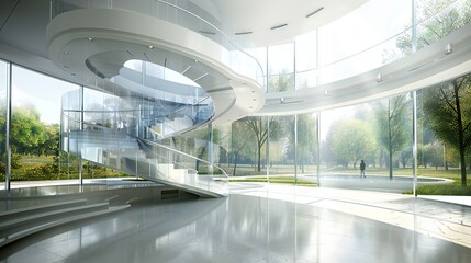 Delight in the balance of form and function in an architecture background, featuring curved stairways and circular windows that epitomize a futuristic ecological ethos.