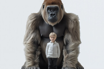 Fototapeta premium Fotoporträt eines kleinen Jungen mit einem riesigen Gorilla