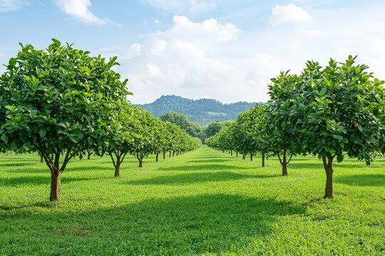 Guava trees in an orchard, showcasing lush greenery and ripe guavas ready for harvest.
