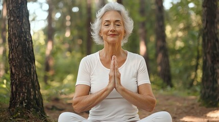 Elderly woman practicing yoga in a serene forest setting, vibrant health and vitality, rejuvenation through nature