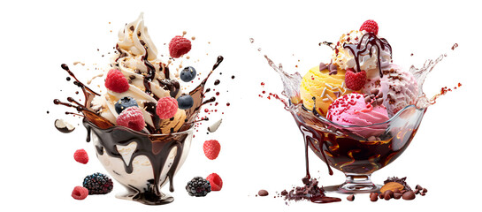 Set of Delicious Ice Cream with Toppings Blending on Transparent Background, Full Frame.