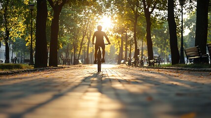Man cycling through a vibrant urban park, active lifestyle and heart health, dynamic city life