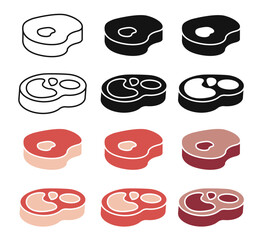 3D steak icon set in black and red colors. Beef or pork meat vector symbols