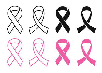 Breast cancer ribbon icon set. Cancer charity awareness ribbon vector symbol in black filled and outlined style