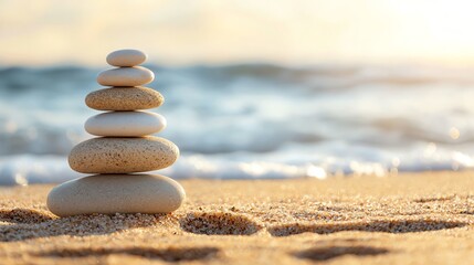 Fototapeta premium Meditation stones stacked on a beach, balance and peace in health, oceanic rejuvenation