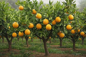 Orange trees in an orchard, with their branches heavy with bright oranges and rich green foliage.
