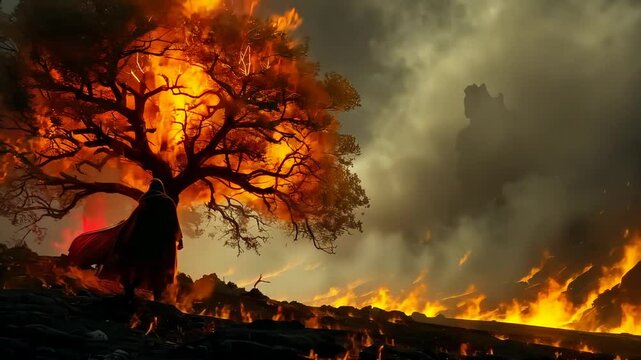 Moses by the burning bush at mount Horeb