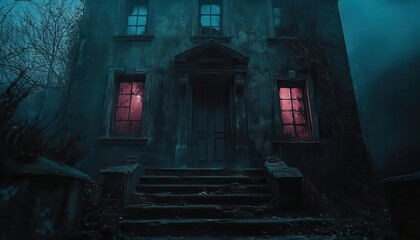 Haunted house with broken windows, creaky doors, and eerie lights, Mysterious, Cool Tones, Atmospheric