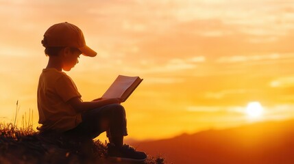 Silhouette of a young boy reading a book at sunset.