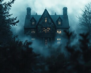 Haunted mansion with ghostly figures in the windows, surrounded by overgrown trees and fog, Spooky, Cool Tones, Atmospheric