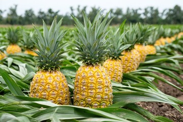 A productive field with pineapples growing and ripe for picking, surrounded by lush green leaves.
