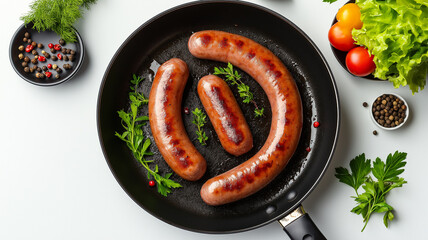 sausages in a hot skillet, garnished with fresh dill and peppercorns