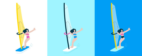 Happy female windsurfing, standing on a sail board. Outdoor water sport activities. Color sets. Modern flat vector illustration.