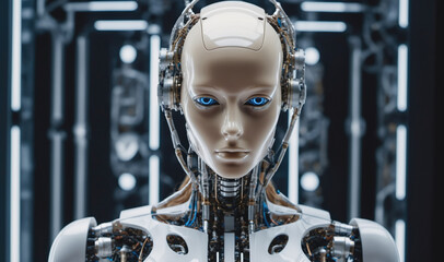 A humanoid robot with blue eyes looks directly at the camera