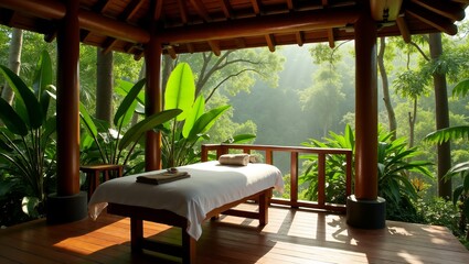 Fototapeta premium Relaxing Spa Treatment In Lush Tropical Garden. Relaxing with natural light and fog atmostphere.