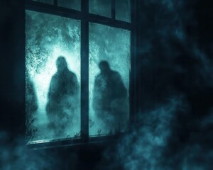 Scary Halloween night haunted fables with ghostly figures appearing in dark windows, captured in eerie lighting, Creepy, Cool Tones, Atmospheric
