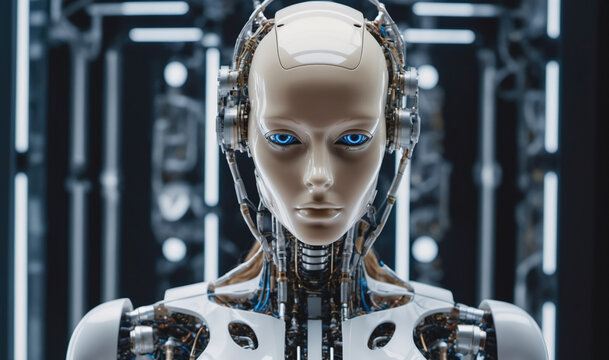 A humanoid robot with blue eyes looks directly at the camera