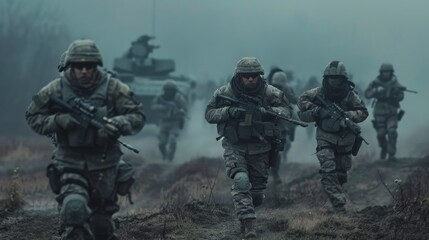 Obraz premium shows 8 soldiers in camouflage running in a muddy field with guns and helmets. Tank in background. Set in gloomy, action-filled ambiance. Likely military exercise or operation.