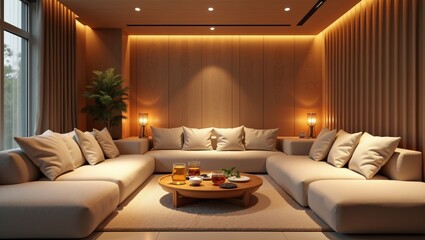 Modern Living Room Interior Design with Wooden Walls and Sectional Sofa