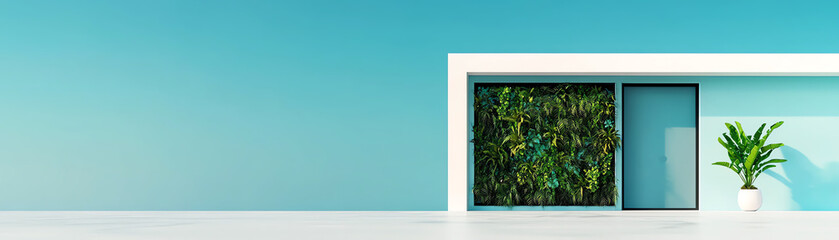 Modern architectural design featuring a green wall and large glass door against a turquoise background, promoting sustainability and style.