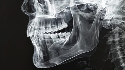 A transparent maxillofacial skeleton image exhibits jaw and teeth details against a dark background, suggesting a misalignment and eerie ambiance.