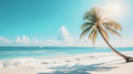 Fototapeta premium A serene tropical beach featuring a leaning palm tree, turquoise ocean waves, and a clear, sunny sky, perfect for a peaceful vacation escape.