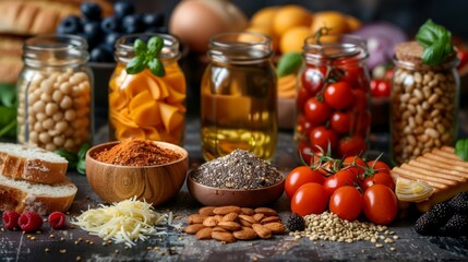 A vibrant assortment of food on a black table: vegetables, fruits, bread, nuts, cheese, and more in a colorful display highlighting variety and abundance.