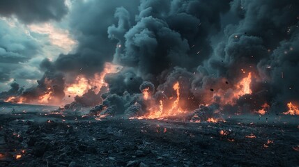 The image depicts a post-explosion scene with flames, smoke, and debris, creating a bleak atmosphere of destruction and despair.