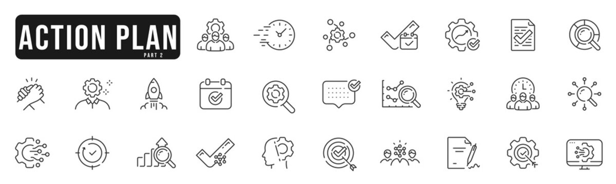 Action plan related line icons set 2. Strategy, plan, action, target, goal etc. Editable stroke