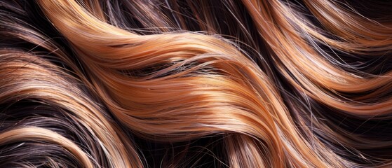 Naklejka premium Close-up photo shows disheveled, wavy hair with brown, orange, chestnut hues. Smooth texture stands out on a white background, highlighting warm tones in high resolution.